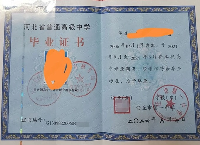 海外任丘市第一中学高中毕业证样本图片